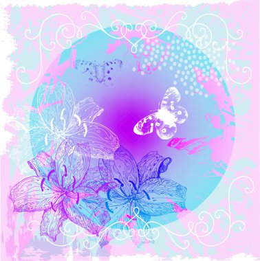 Abstract floral background with flowers and butterflies clipart