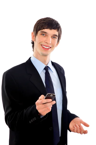 Retrato Joven Hombre Negocios Sonriente Usando Teléfono Celular —  Fotos de Stock