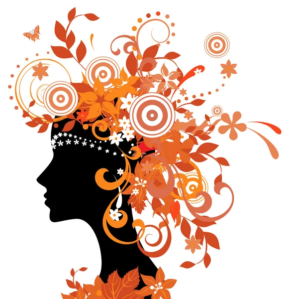 Silhouette einer Frau mit Herbstblättern — Stockvektor