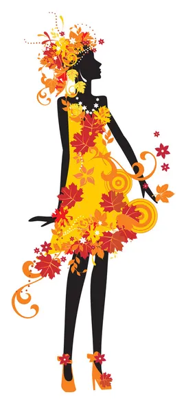Silhouette of woman with autumn leaves — Stock Vector