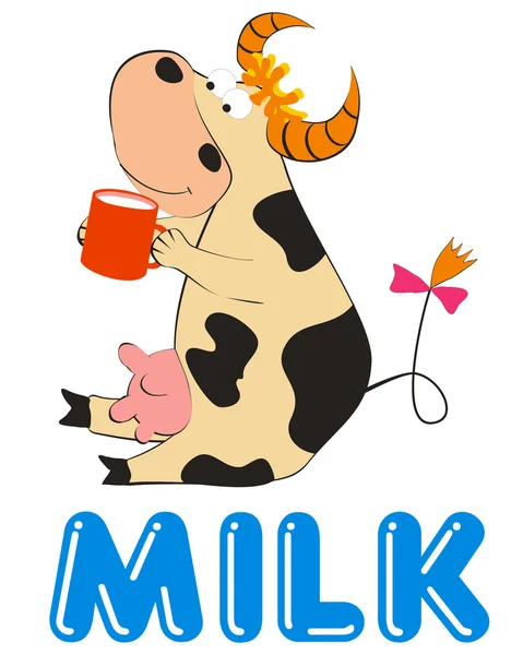 Cartoon vache avec tasse de lait, vecteur — Image vectorielle