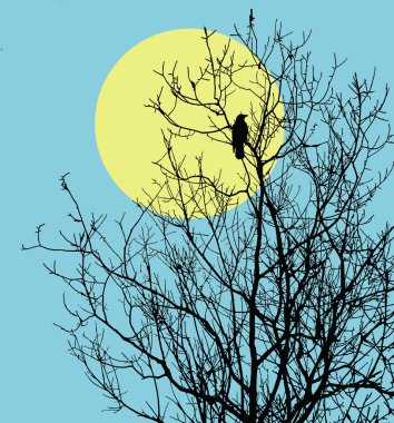 Vector illustration ravens sitting on tree against sun clipart