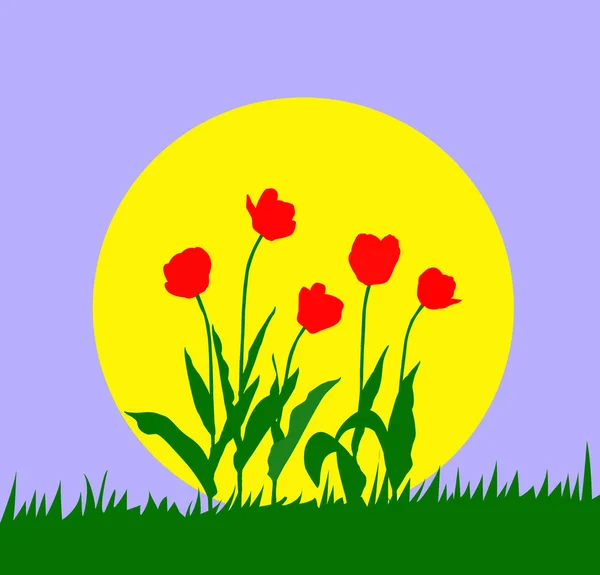 Tulipano silhouette su sfondo sole — Vettoriale Stock