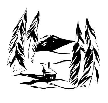 Drawing bungalow in siberian taiga clipart