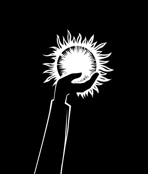 Silhouette della mano che tiene il sole su sfondo nero — Vettoriale Stock