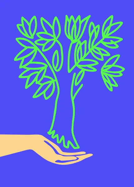 Drawing of the hand holding tree — Stock Vector