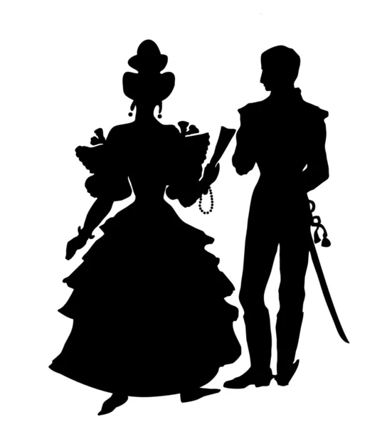 Silhouette de l'officier avec dame sur fond blanc — Image vectorielle