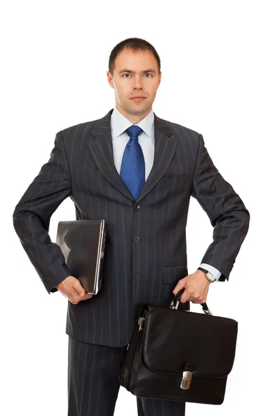 Uomo d'affari con valigetta e laptop. — Foto Stock