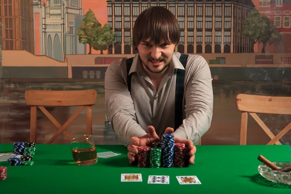 Poker Player Bets All Chips — Stock Photo, Image
