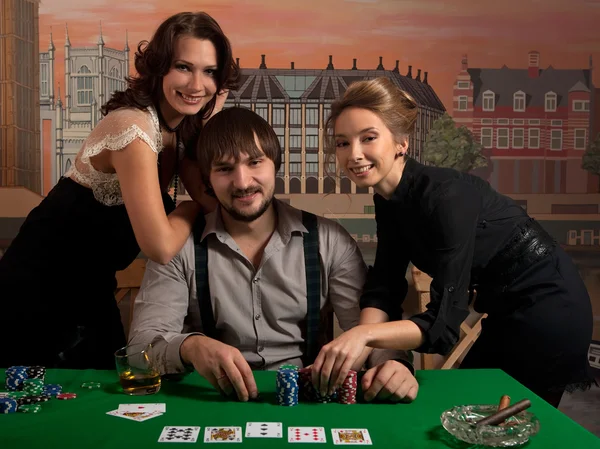 Girls Man Happy Winning Poker — Stock Photo, Image