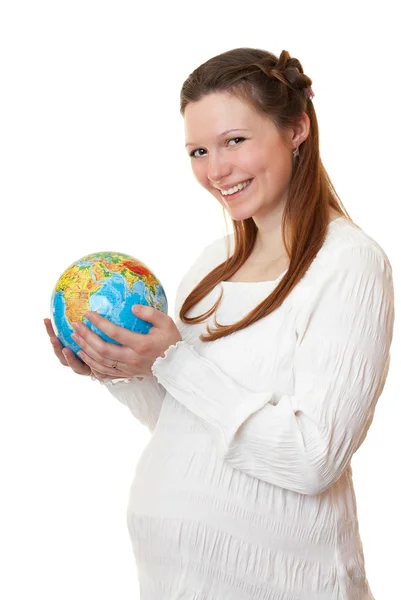 Világ van a kezében a terhes lány. — Stock Fotó