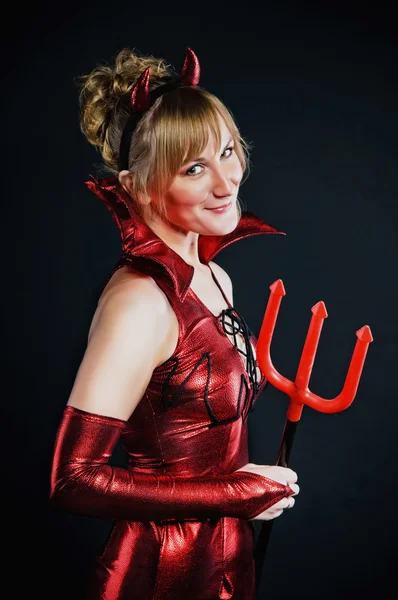 Sexy Devil Woman With Tail Horns And Red Skin Whispering Somethi Stock Photo Image By