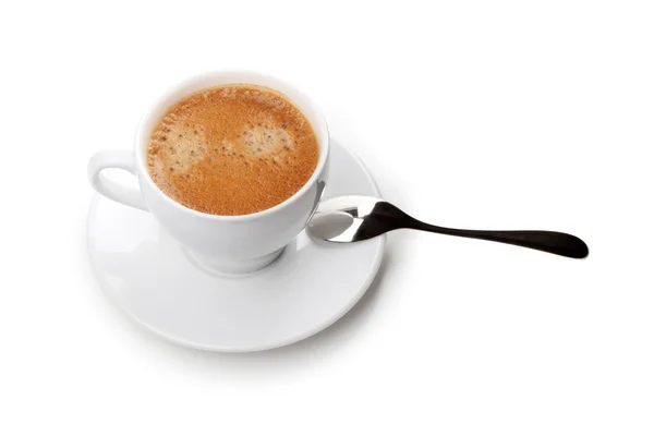 Cappuccino šálek s lžící. nad zobrazením — Stock fotografie