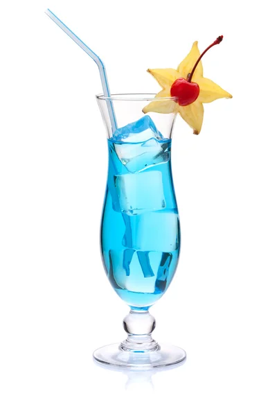 Blue Tropical Cocktail Carambola Maraschino Isolated White — Stock Photo, Image