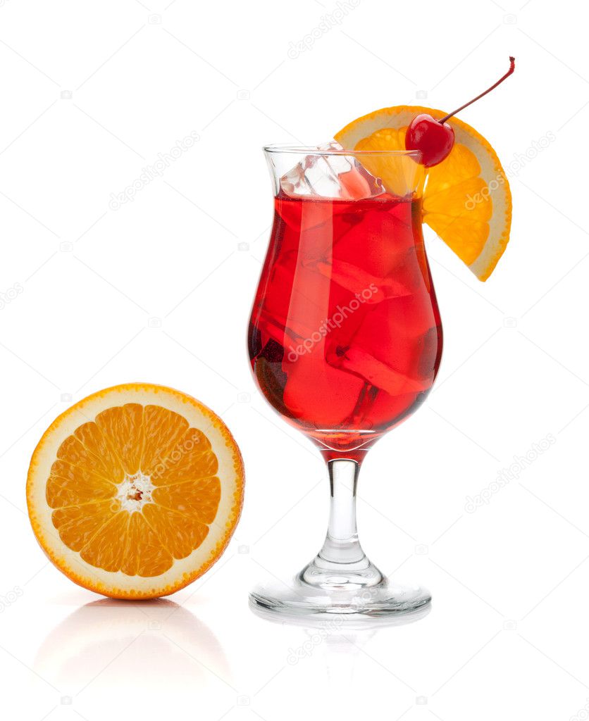 Red cocktail with orange and maraschino