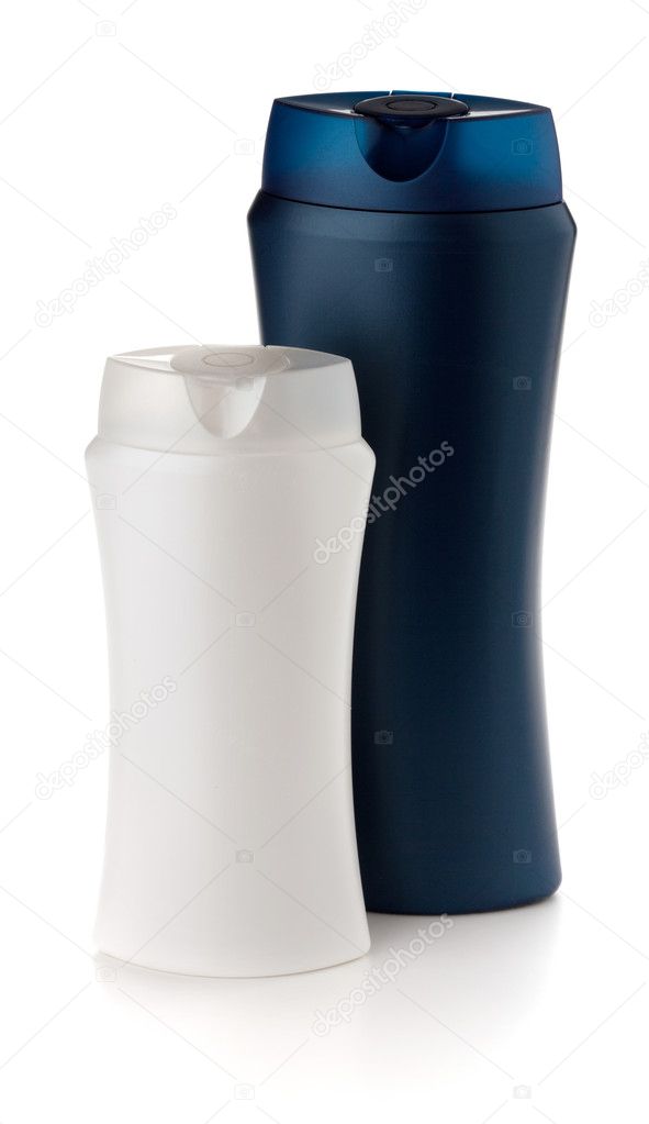 White and blue shampoo bottles