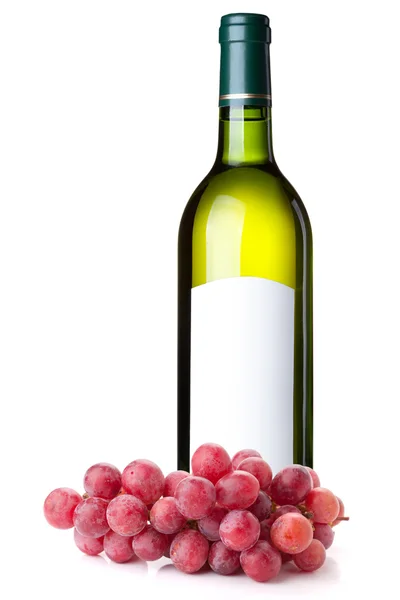 Vino Bianco Bottiglia Verde Con Etichetta Bianca Tralcio Uva Isolato — Foto Stock