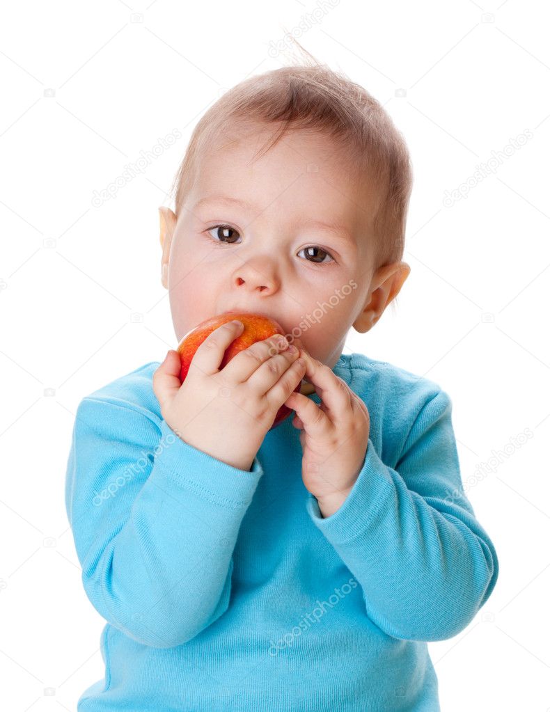 Small Baby Eating Red Apple Isolated White Stock Photo by ©karandaev