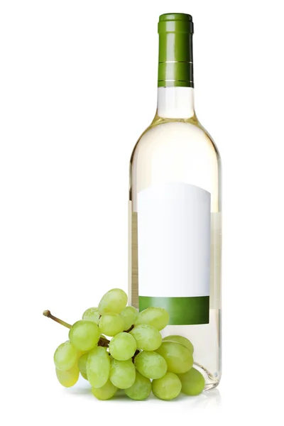 Witte Wijn Fles Met Lege Label Druiven Geïsoleerd Witte Achtergrond — Stockfoto