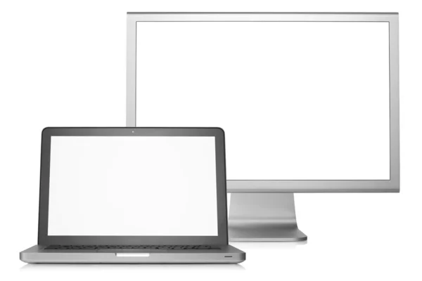 外部ディスプレイとノート パソコン 空白の画面 白い背景で隔離 — ストック写真
