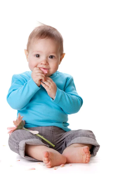 Bebé pequeño comiendo pétalos —  Fotos de Stock