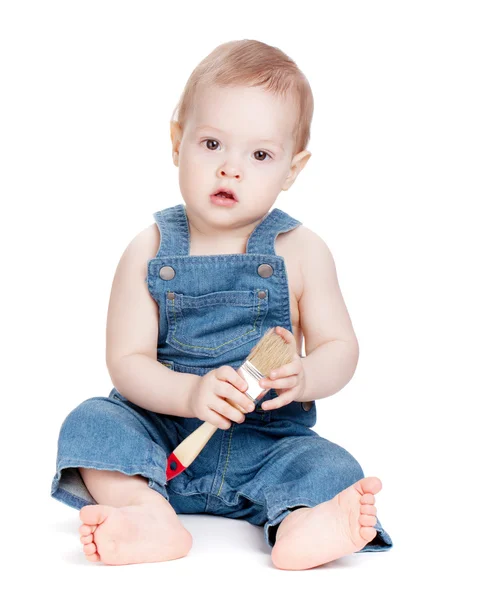 Small baby worker with paint brush — Stock Photo, Image