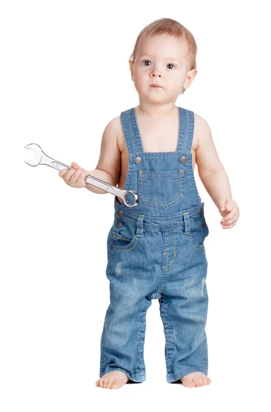 Liten bebis arbetare med skiftnyckel skiftnyckel — Stockfoto
