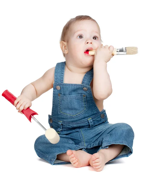 Small baby worker with paint brush and roller — Stock Photo, Image