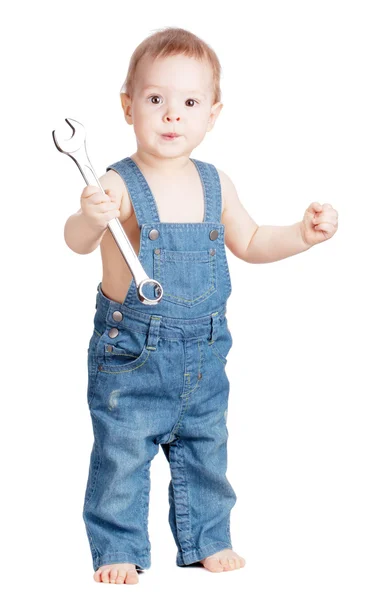 Small baby worker with spanner wrench — Stock Photo, Image