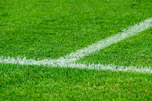 Linha branca em uma grama de campo de futebol — Fotografia de Stock