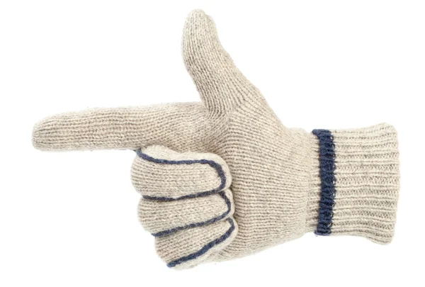 Pistool gebaar gemaakt met een gebreide handschoen geïsoleerd op wit — Stockfoto