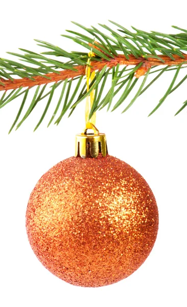 Χριστουγεννιάτικη μπάλα σε ένα έλατο δέντρο υποκατάστημα που απομονώνονται σε λευκό — Φωτογραφία Αρχείου