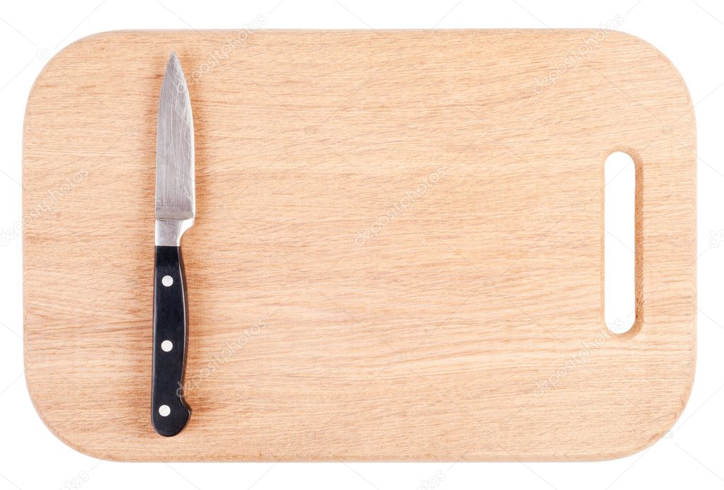 Knife on a wooden chopping board isolated on white