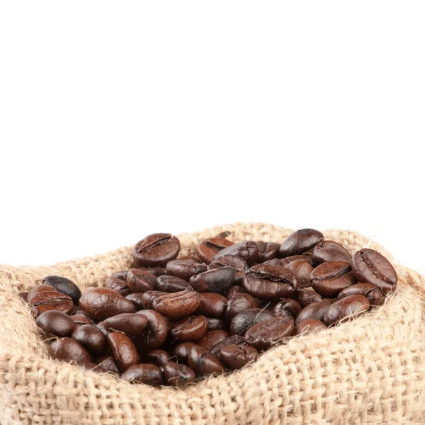 Coffee beans in canvas sack isolated on white — Stock Photo, Image