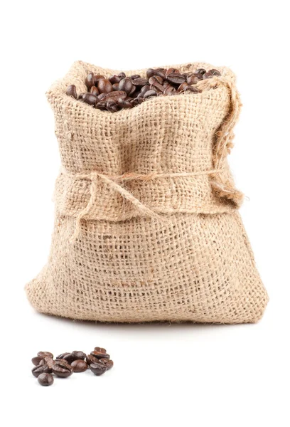 Coffee beans in canvas sack isolated on white — Stock Photo, Image