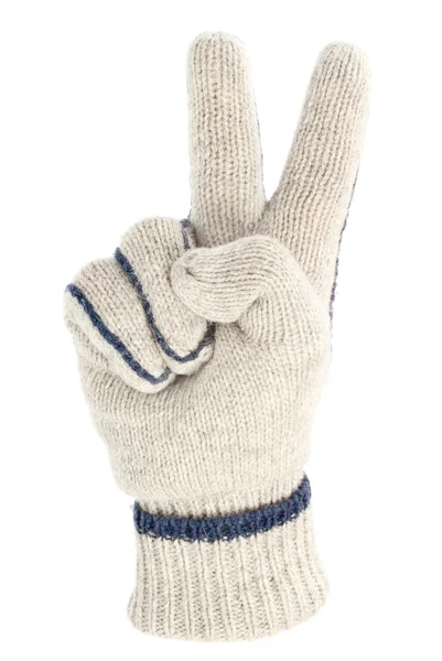 Knitted glove with victory or peace sign isolated on white — Stock Photo, Image