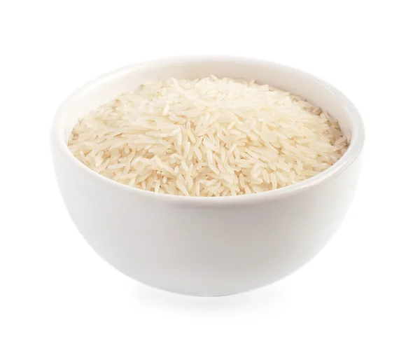 Ρύζι άβραστα σε ένα κεραμικό μπολ που απομονώνονται σε λευκό — Φωτογραφία Αρχείου