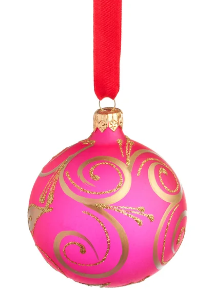 Pink Christmas bauble on a ribbon against white background — Stock Photo, Image