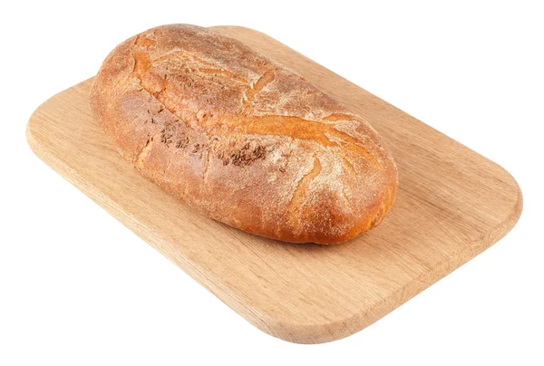 Bread loaf on a wooden chopping board isolated on white — Stock Photo, Image