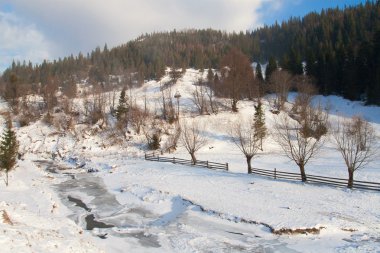 donmuş nehir üzerinde bir kış dağ manzarası