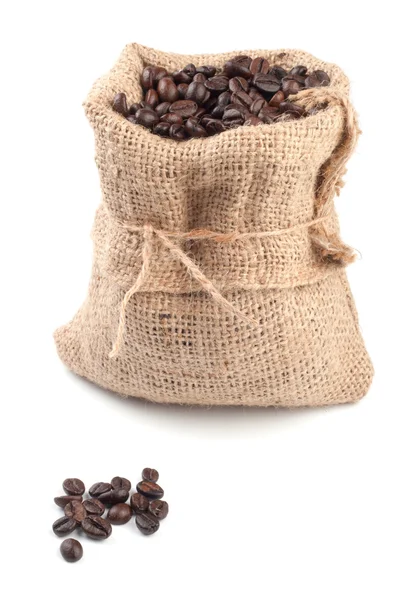 Coffee beans in canvas sack on white background — Stock Photo, Image