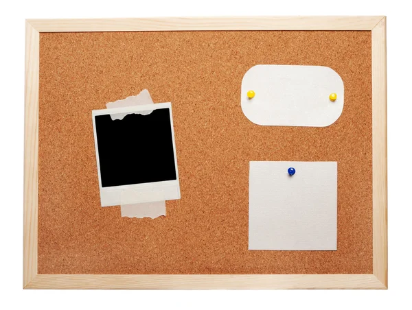 Blank Instant Photo Note Papers Cork Board — Stock Photo, Image