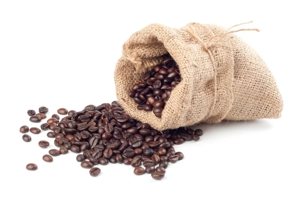 Coffee beans in canvas sack on white background — Stock Photo, Image