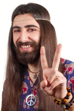 Friendly hippie with long hair making peace sign clipart