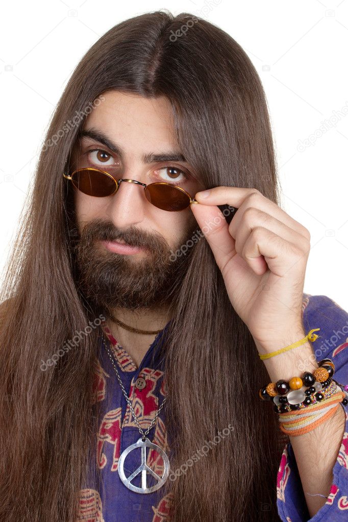 Long-haired hippie man with the glasses