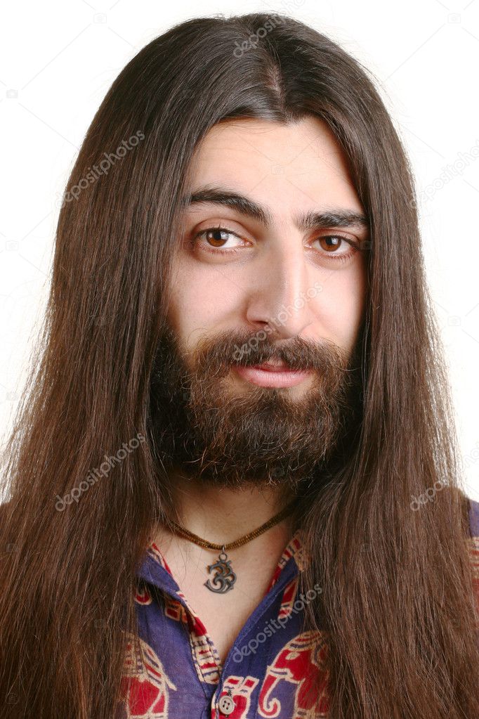 Long-haired smiling hippie man
