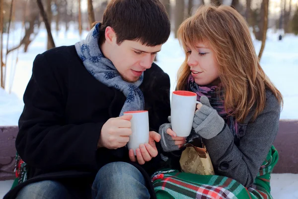Jeune couple bien-aimé se réchauffant dans le parc d'hiver — Photo