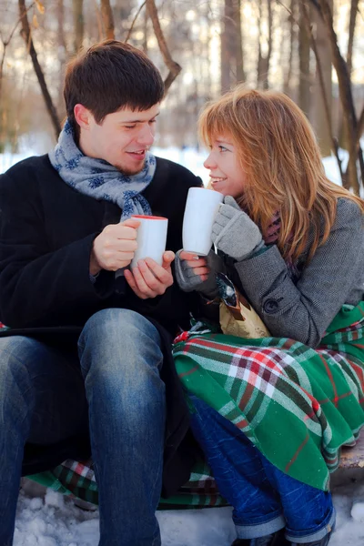 Joven pareja amada calentándose en el parque de invierno —  Fotos de Stock