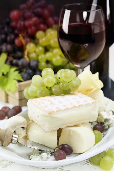 葡萄、 葡萄酒和奶酪 — 图库照片