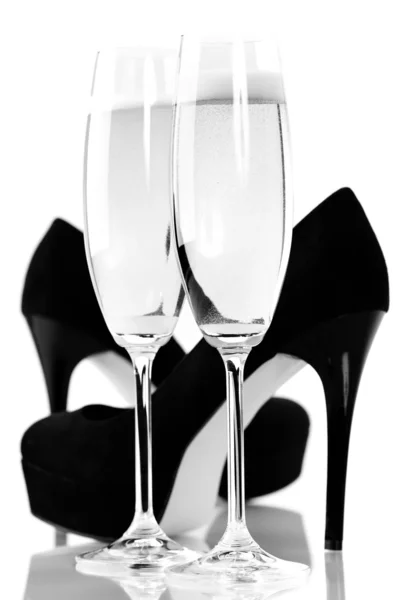 Sexy boty na podpatku a champange — Stock fotografie